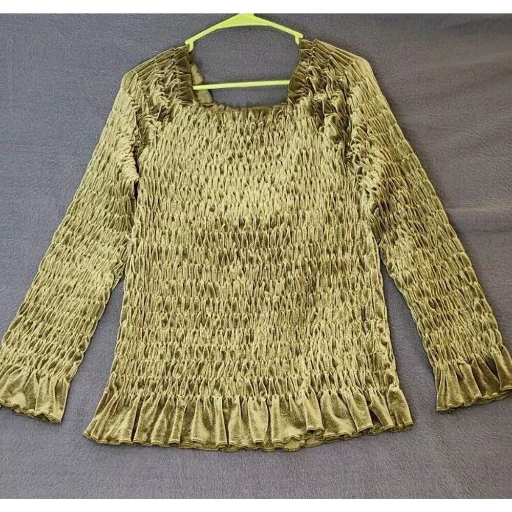 Vtg 90s Forenza‎ Smocked Crushed Velvet Top Blouse Stretch Sz L Boho Cottagecore